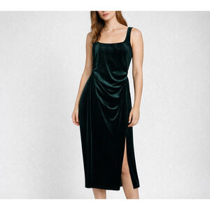 Floret Studios Stretch Velvet Midi Dress Womens M Green Ruched Cocktail Holiday
